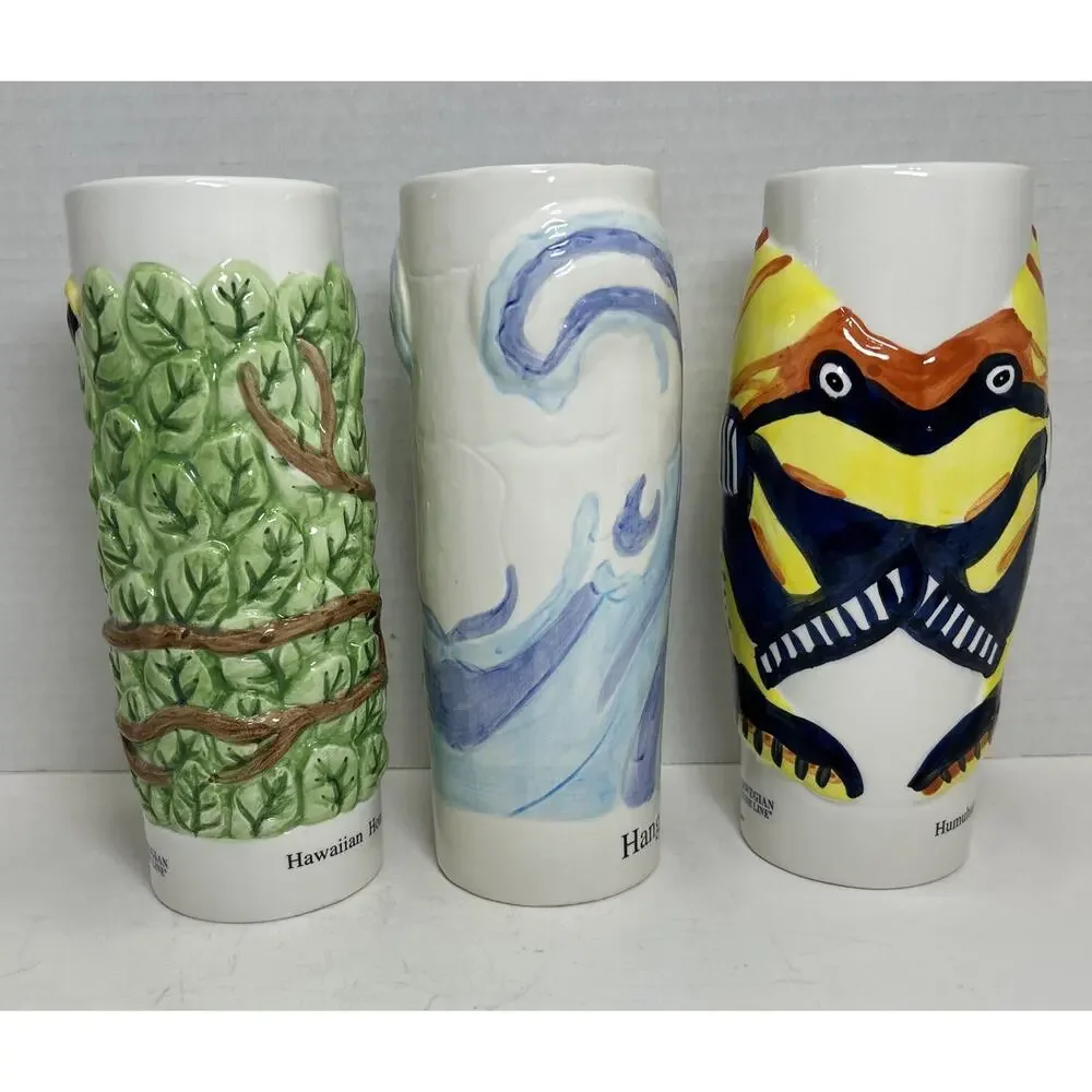Vtg NCL Norwegian Cruise Line Tiki Mug 3pc Set-Surfer, Red Bird, Fish-Ceramic